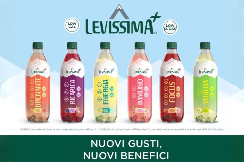 Gamma di bevande funzionali Levissima+ con bottiglie ai gusti Immuno, Energia, Drenante, Focus e Vitalità