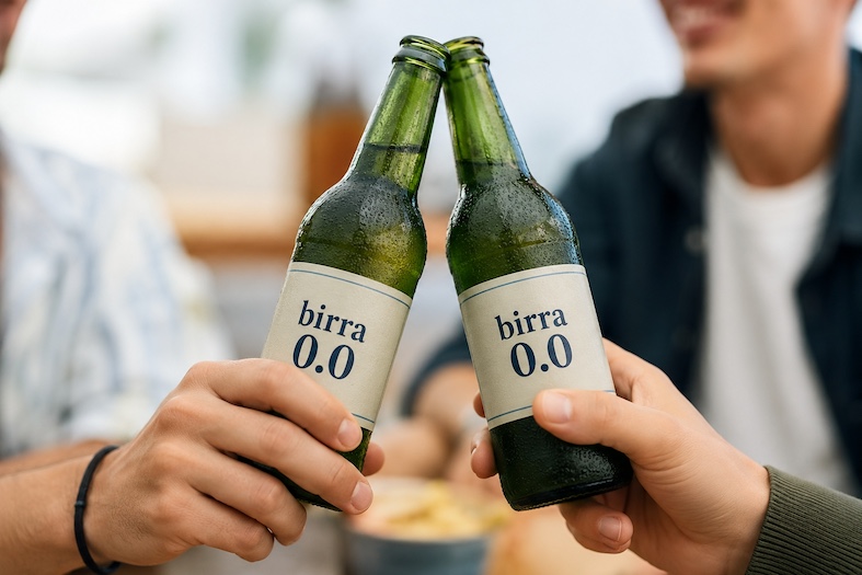 Due giovani brindano con bottiglie fredde di birra 0.0 in un momento di socialità