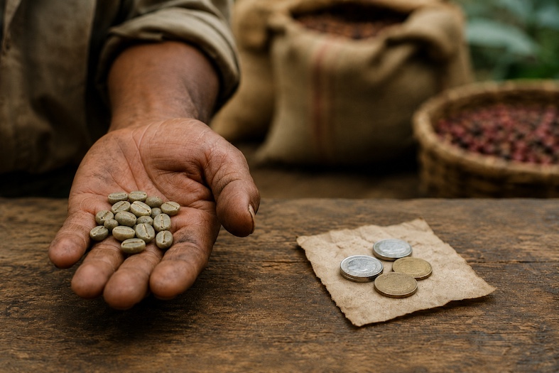 Mano di un produttore di caffè con pochi chicchi e poche monete, simbolo del valore trattenuto all’origine della filiera