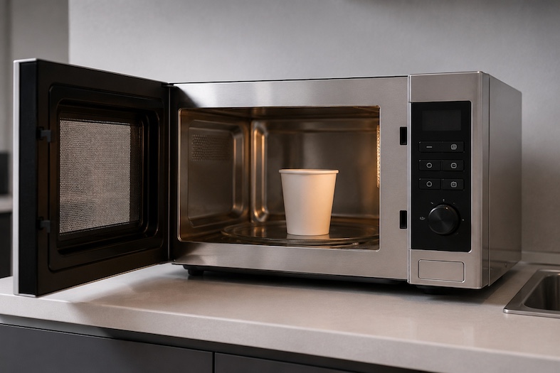 Bicchiere vending di carta dentro un forno a microonde in un ufficio, immagine ironica sul caffè senza acqua calda