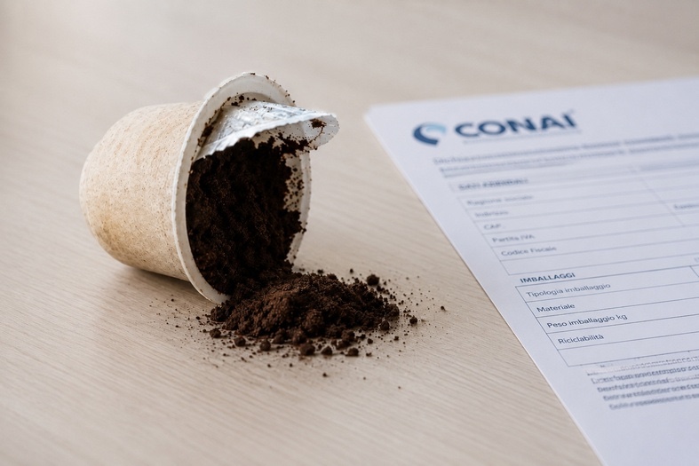 Capsula di caffè compostabile aperta con fondi esausti accanto a un documento CONAI su una scrivania