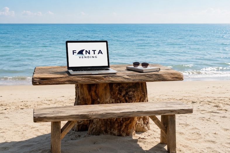 Postazione estiva di Fantavending sulla spiaggia con computer portatile davanti al mare
