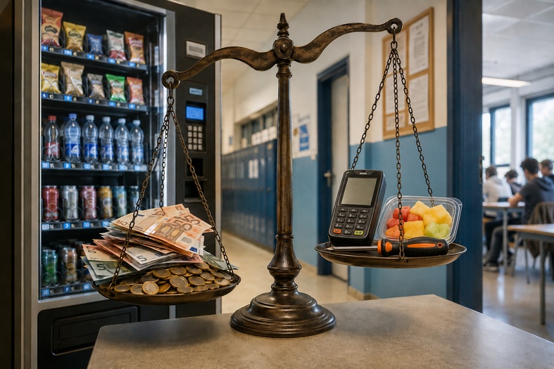 Bilancia tra canone e qualità in una gara vending scolastica, con distributore automatico sullo sfondo