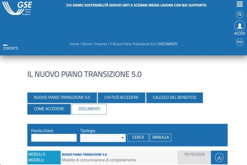 Schermata del sito GSE con i documenti per la comunicazione di completamento degli investimenti del Nuovo Piano Transizione 5.0.