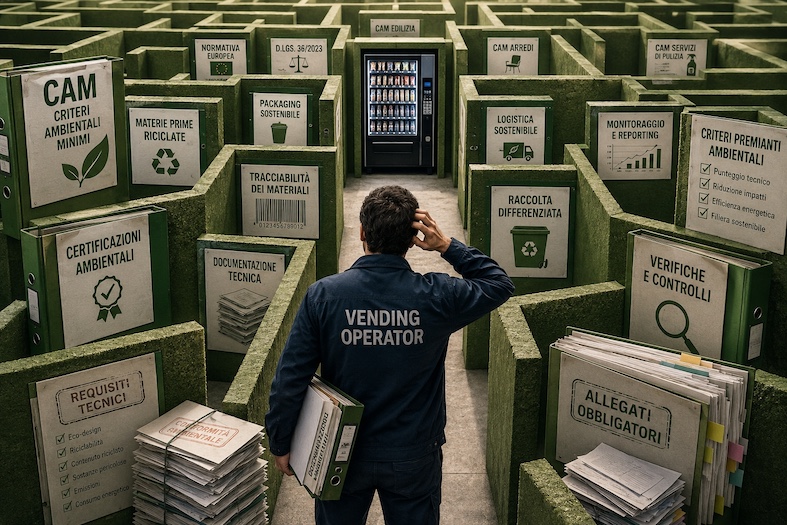 Labirinto burocratico green con corridoi pieni di documenti, simboli ambientali e un operatore vending disorientato