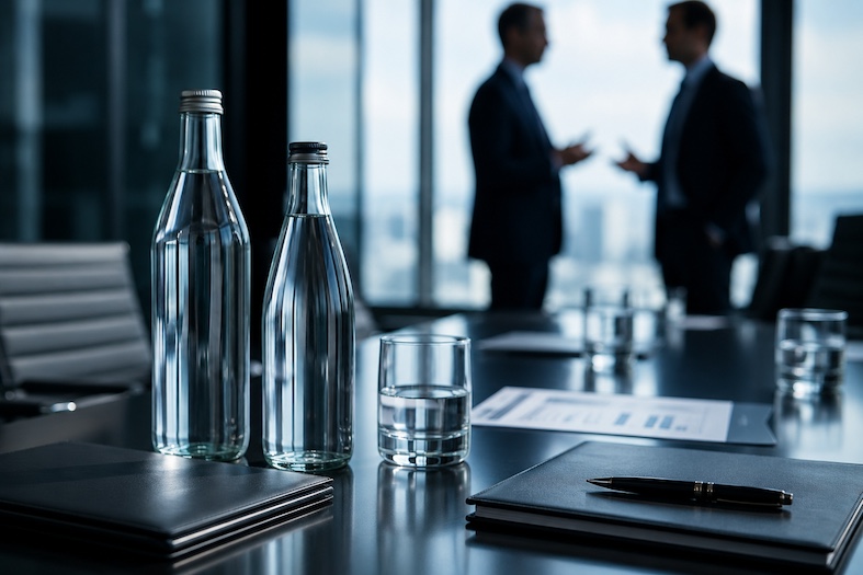Trattativa finanziaria sulle acque minerali premium con bottiglie e dossier su un tavolo riunioni