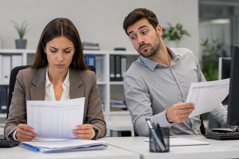 Due impiegati in ufficio consultano la busta paga mentre un collega cerca di sbirciare lo stipendio dell’altro