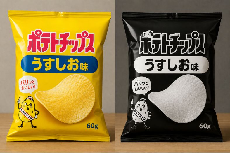 Confezioni di snack in bianco e nero sugli scaffali di un supermercato giapponese durante le tensioni commerciali in Medio Oriente
