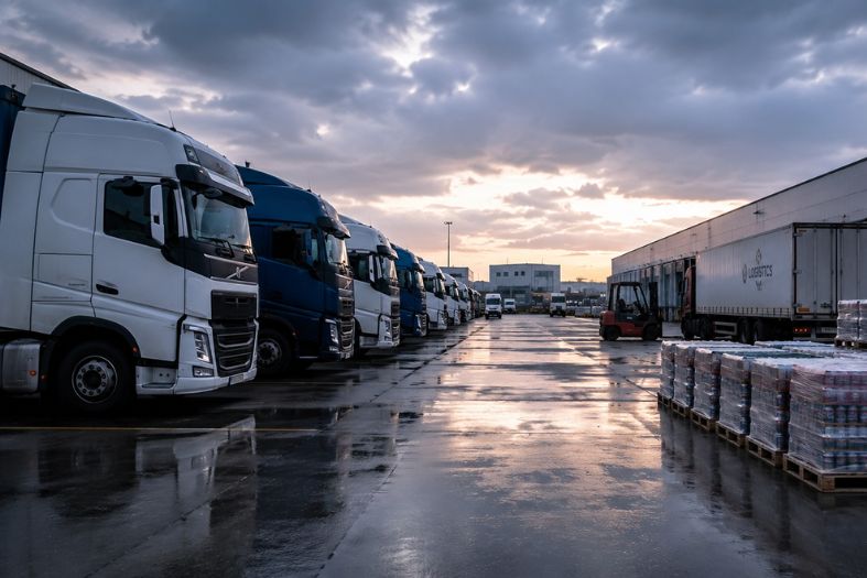 Camion fermi in un hub logistico durante il rischio sciopero autotrasporto con impatto sul vending