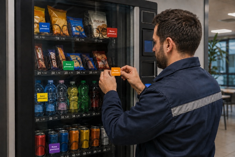 Tecnico vending applica adesivi “Nuova grammatura” sulla vetrina di un distributore automatico di snack e bevande